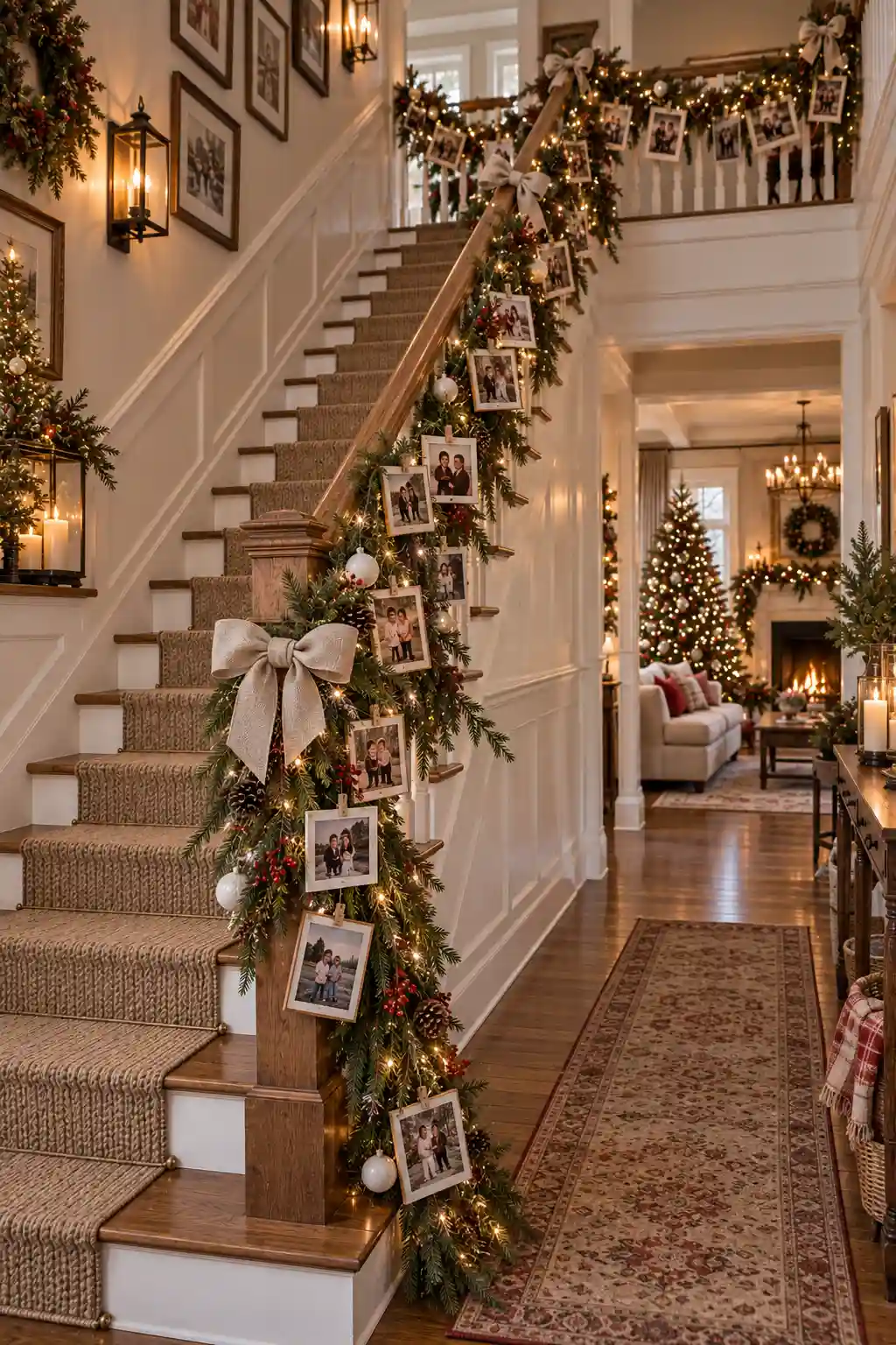 Sentimental Christmas staircase decorated with simple evergreen garland and warm white lights, featuring small framed family photos clipped between the branches along the banister.