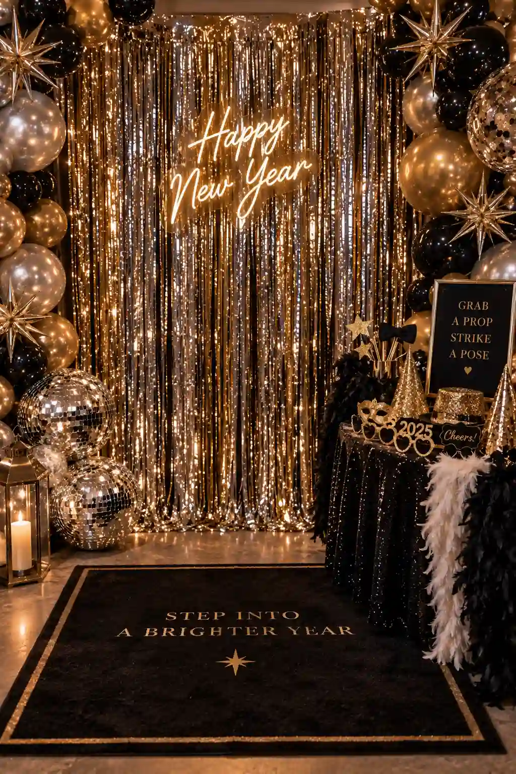 Dramatic New Year's Eve firework-inspired backdrop featuring curled gold and silver metallic ribbons, star balloons, and tiny glowing LED lights.