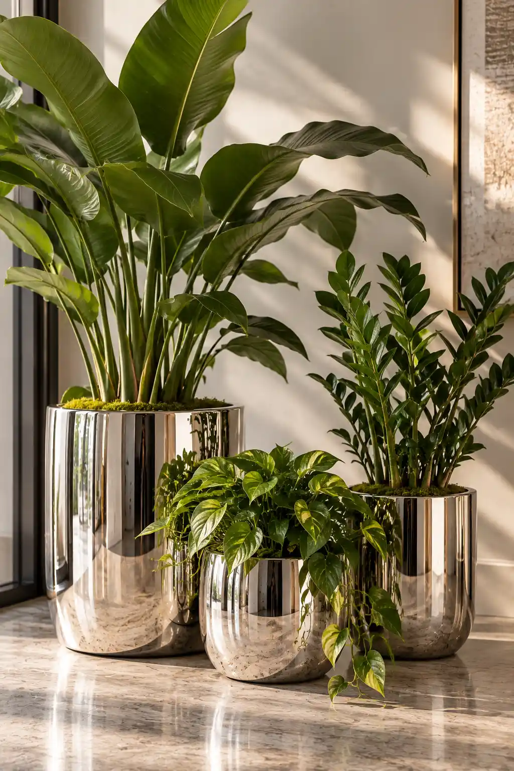 Polished chrome planters filled with lush green indoor plants, creating a striking contrast between reflective metallic surfaces and natural greenery.