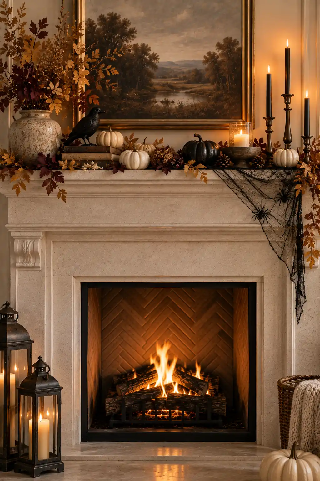 Late-fall fireplace mantel decorated with cream pumpkins, dried foliage, black candles, subtle spiderweb accents, and understated Halloween-inspired decor.