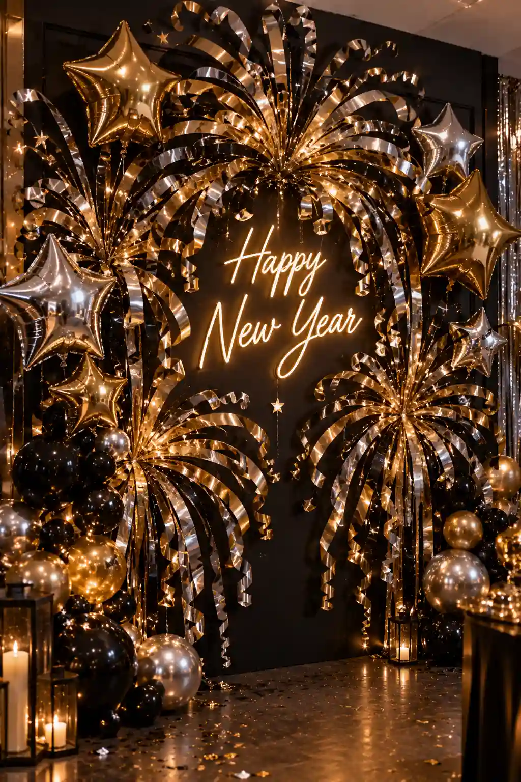 Dramatic New Year's Eve countdown display with oversized year numbers, gold and silver balloon clusters, a sparkling metallic curtain, and glowing celebration lights.