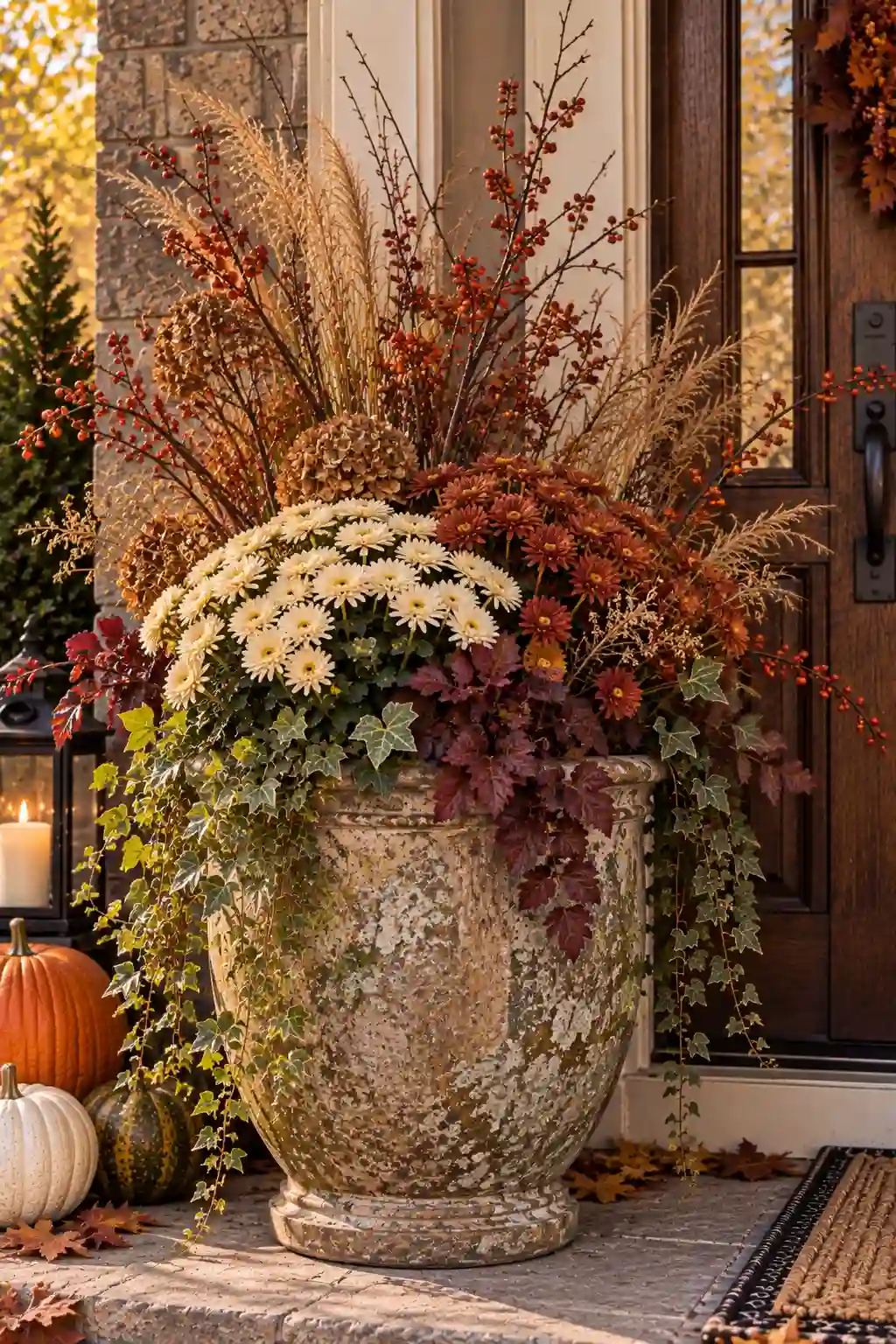 Autumn porch planter filled with cream mums, burgundy foliage, dried grasses, bittersweet branches, and orange-red berries.