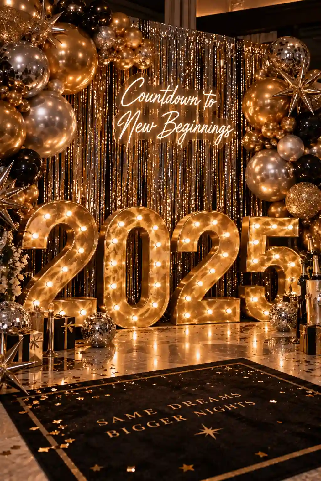 DIY New Year's Eve pop wall displaying miniature sparkling beverage bottles in individual compartments with ribbons, decorative labels, and a festive year backdrop.