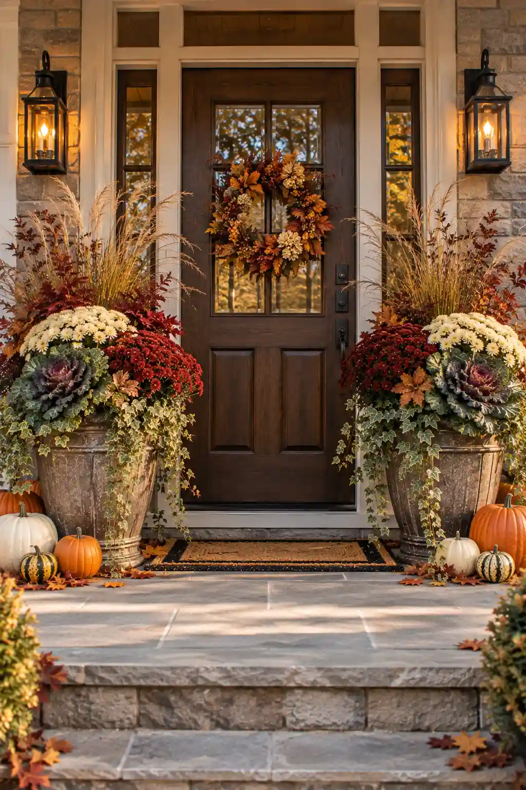 Symmetrical front-door arrangement with matching fall planters filled with chrysanthemums, ornamental cabbage, grasses, ivy, and pumpkins.