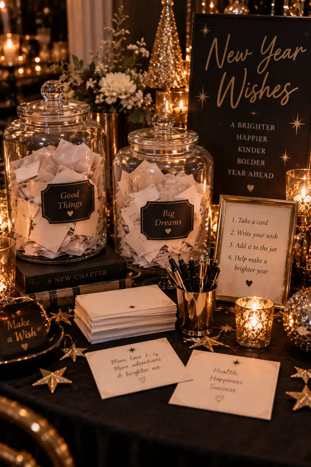 Interactive New Year's Eve playlist station featuring a modern speaker, tablet displaying a music playlist, song request cards, headphones, and festive decorations.