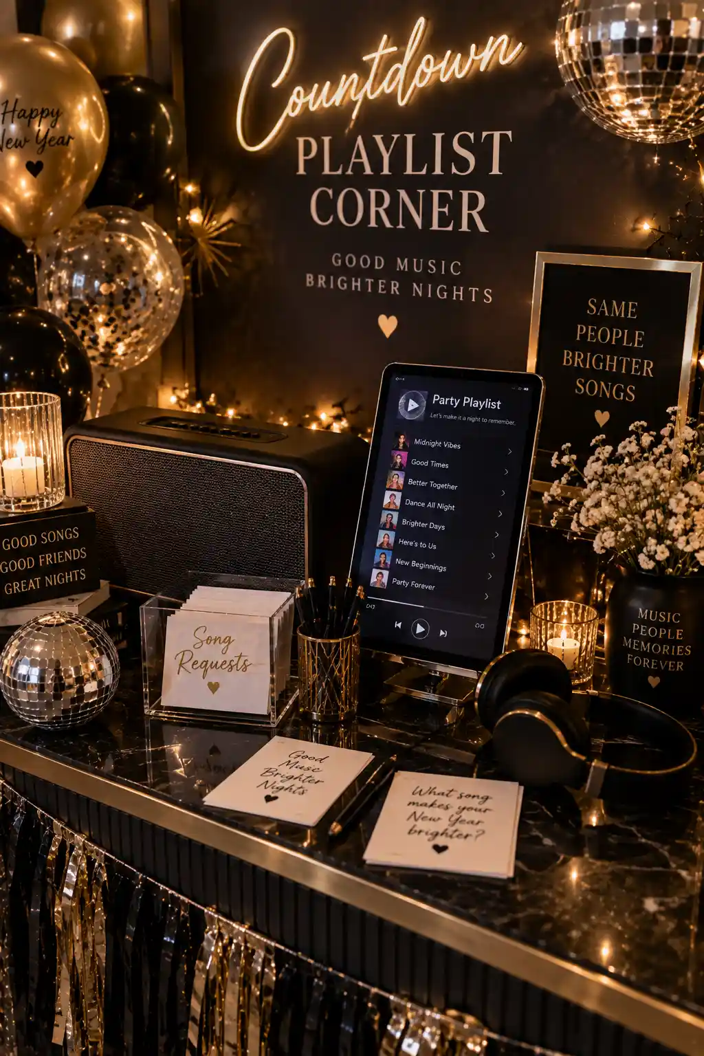New Year's Eve midnight send-off display featuring festive LED wands, sparkling party lights, metallic decorations, and a glamorous countdown atmosphere.
