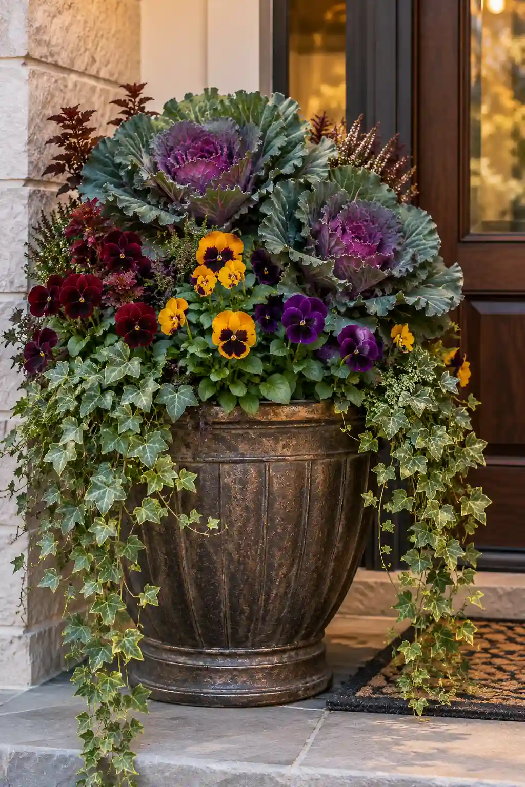 Fall porch planter featuring ruffled ornamental cabbage, purple and yellow pansies, and trailing ivy spilling over the container.