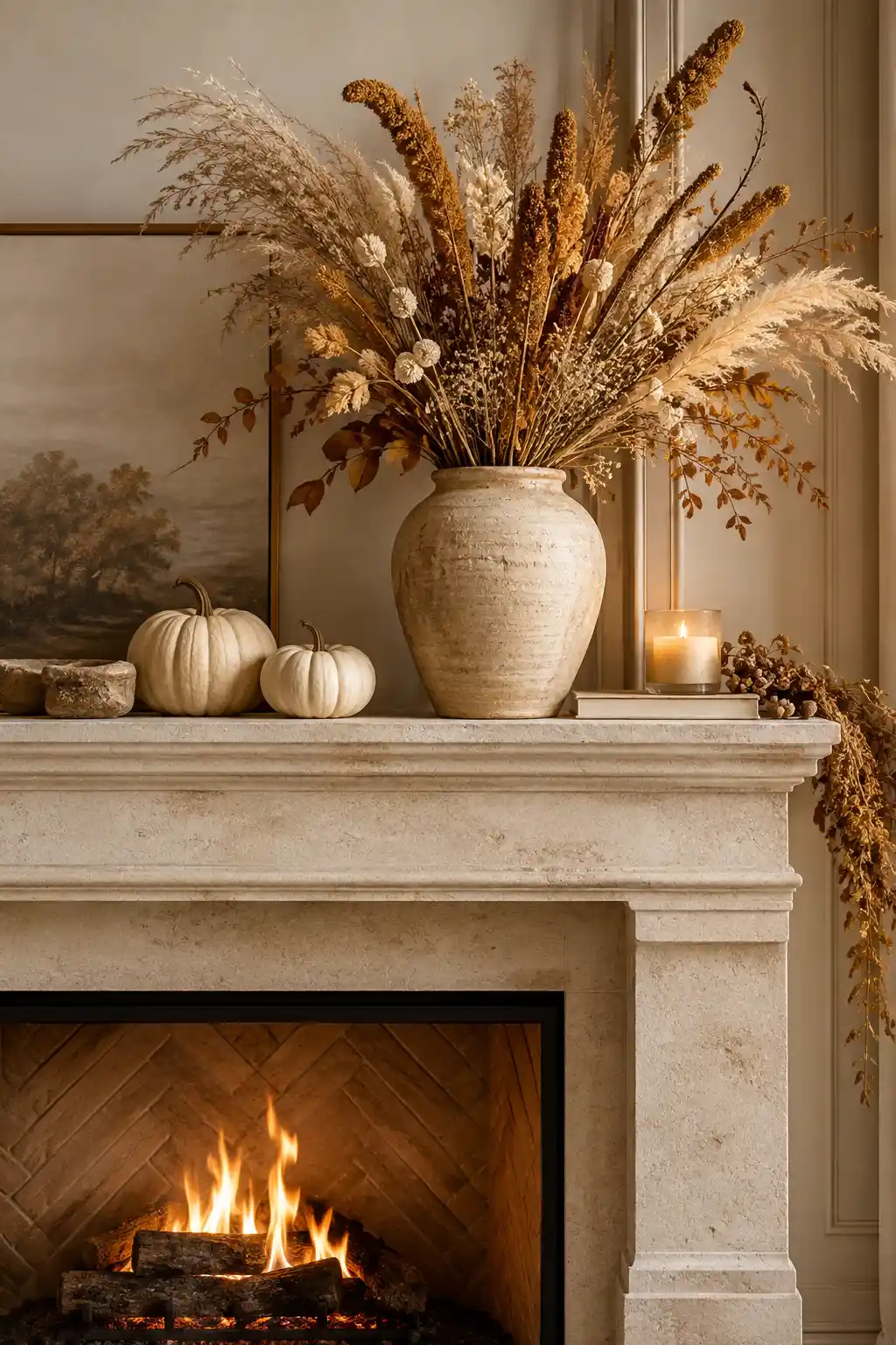 Elegant fall fireplace mantel featuring a tall earthenware vase filled with golden dried millet, pampas grass, bunny tails, and other autumn botanicals.