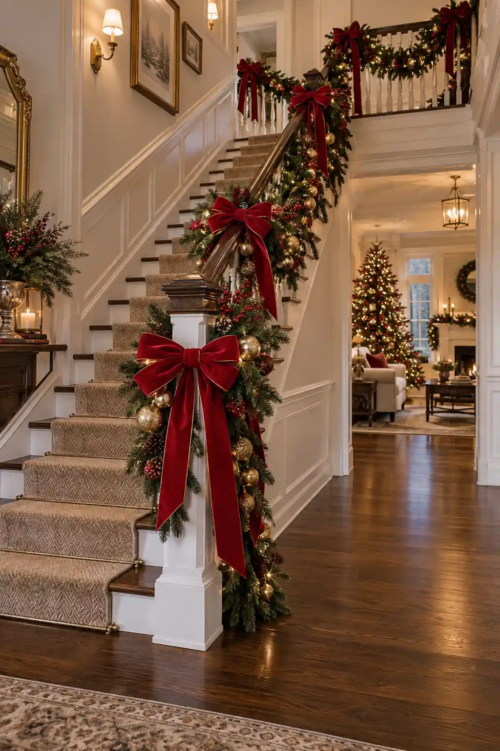 Traditional Christmas staircase featuring evergreen garland draped along the banister with oversized crimson red ribbon bows, flowing ribbon tails, gold ornaments, and festive greenery.
