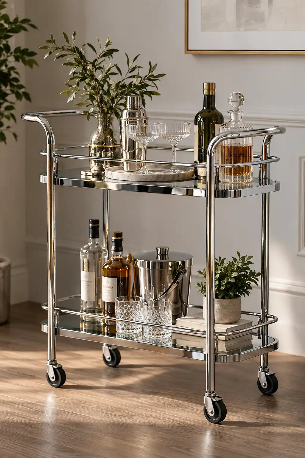 Elegant chrome bar cart with glass shelves, stylish drinkware, and subtle greenery, adding reflective metallic style to a modern living space.