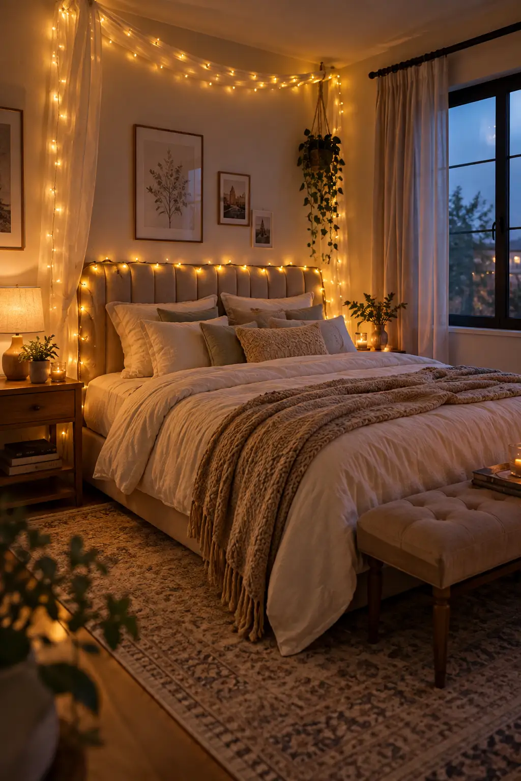 Cozy dreamy bedroom with warm fairy string lights draped around the headboard, creating a soft golden glow against neutral bedding and sheer curtains.
