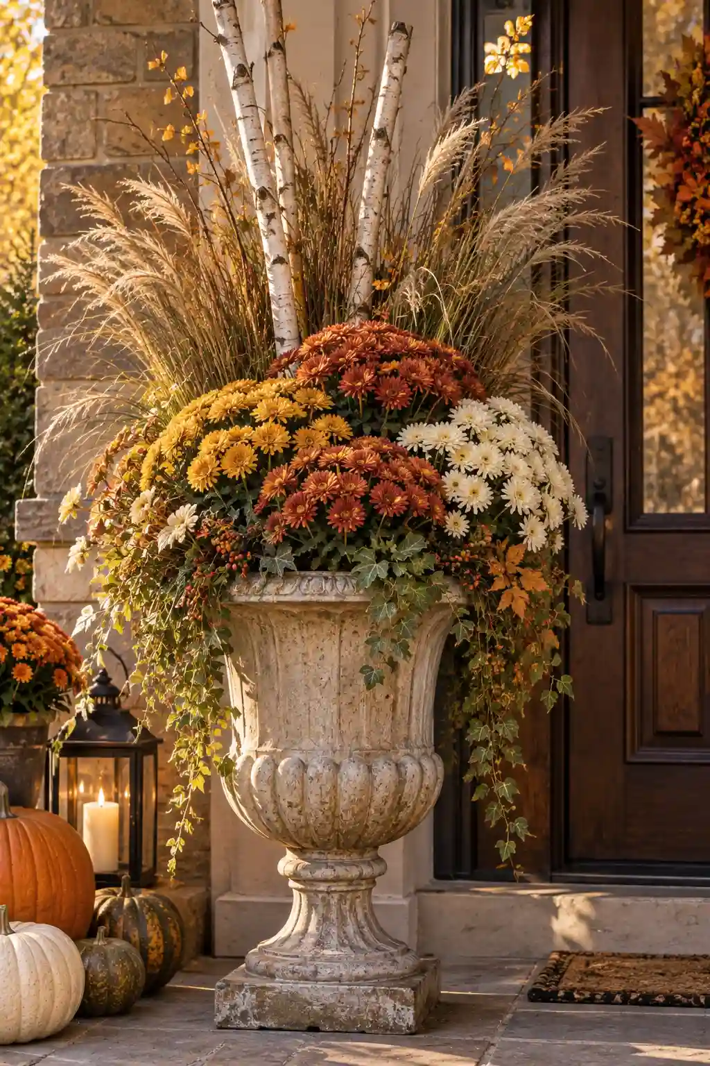 Tall fall porch urn filled with natural birch branches, ornamental grasses, and full cream and golden chrysanthemums.