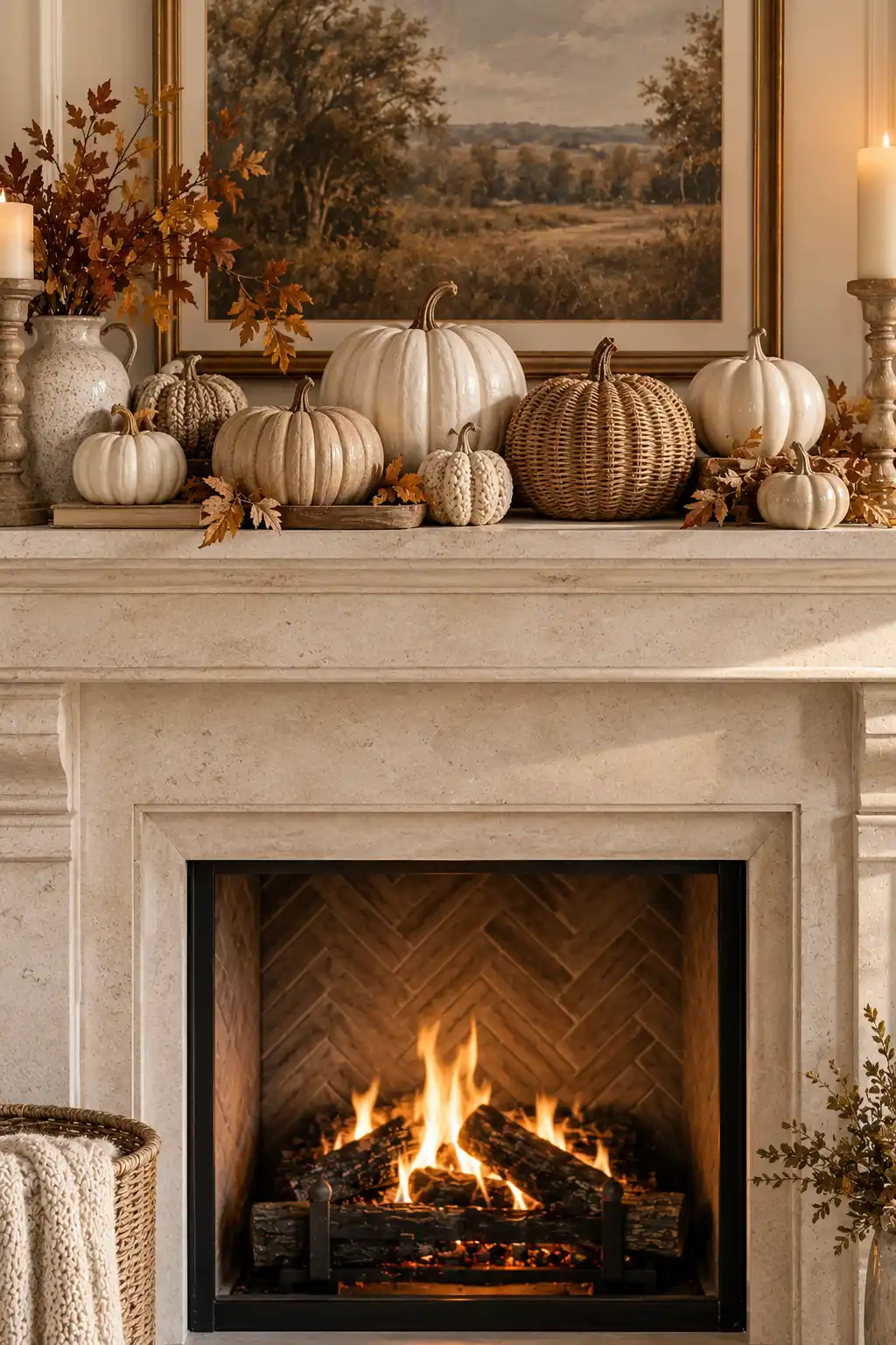 Fall fireplace mantel styled with neutral textured pumpkins in cream, beige, stoneware, and woven natural materials for an organic high-end autumn look.