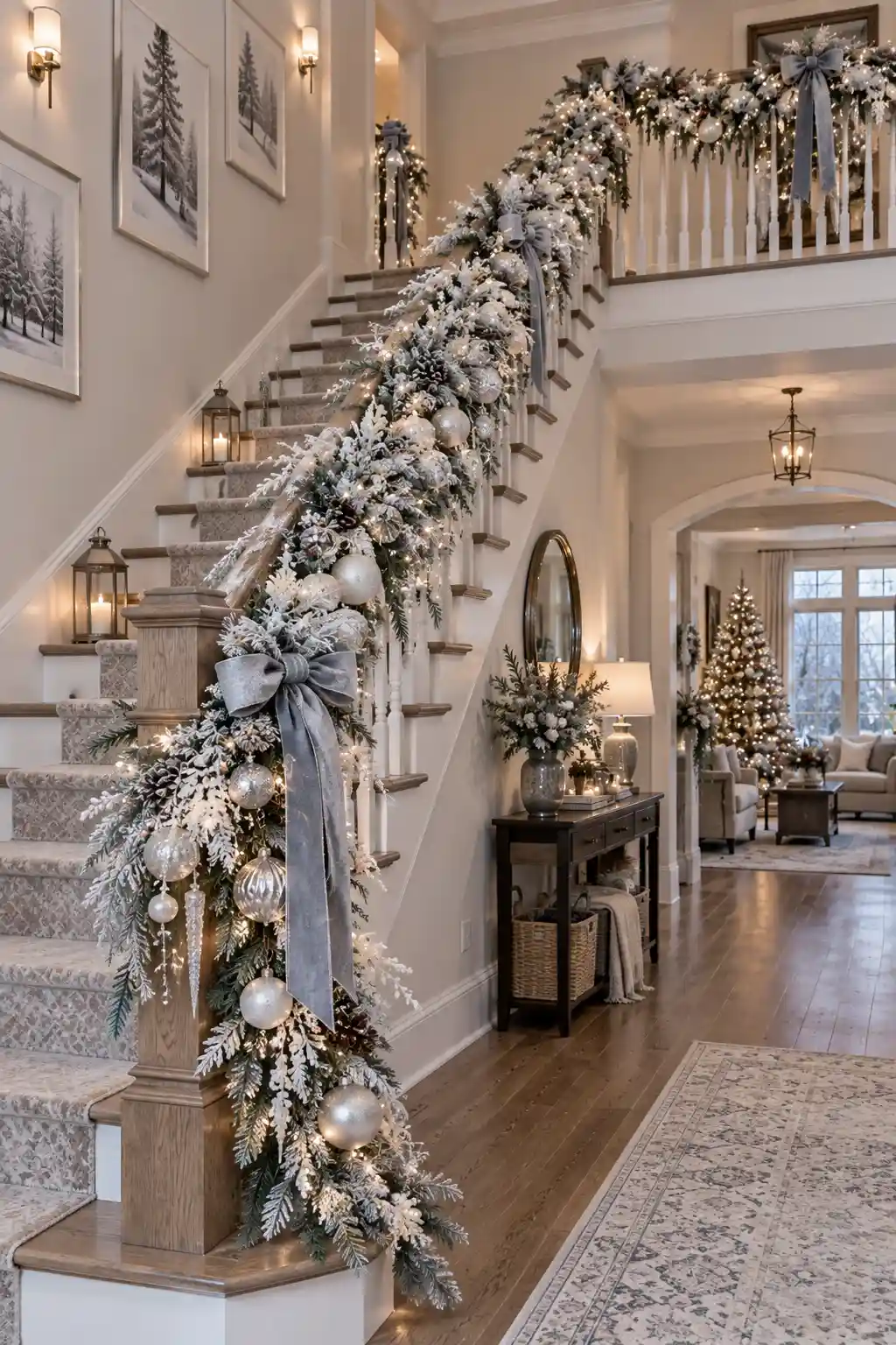 Elegant staircase decorated with flocked snowy evergreen garland, silver Christmas ornaments, cool white fairy lights, and frosted winter accents for a serene winter wonderland look.