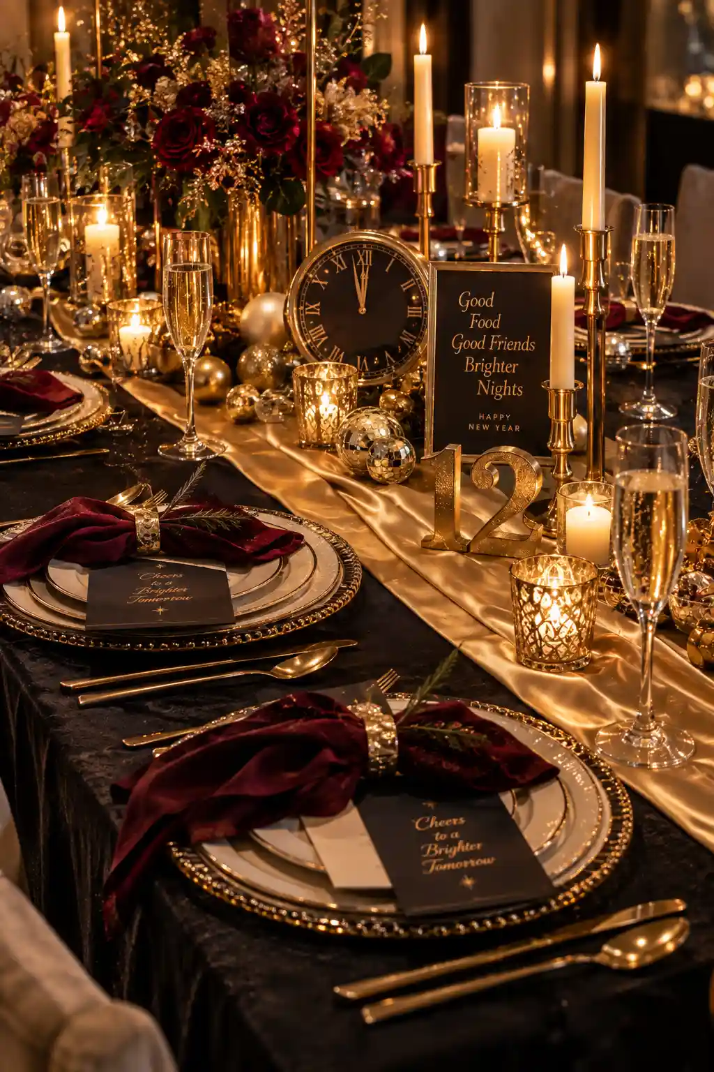 Sophisticated black tie New Year's Eve tablescape featuring a black tablecloth, gold-rimmed dinnerware, gold cutlery, candles, and miniature black bow tie decorations.