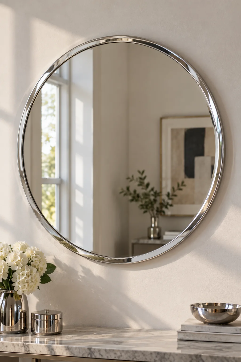 Round modern mirror with a slim polished chrome frame mounted on a neutral wall, reflecting light and adding a sleek contemporary accent.
