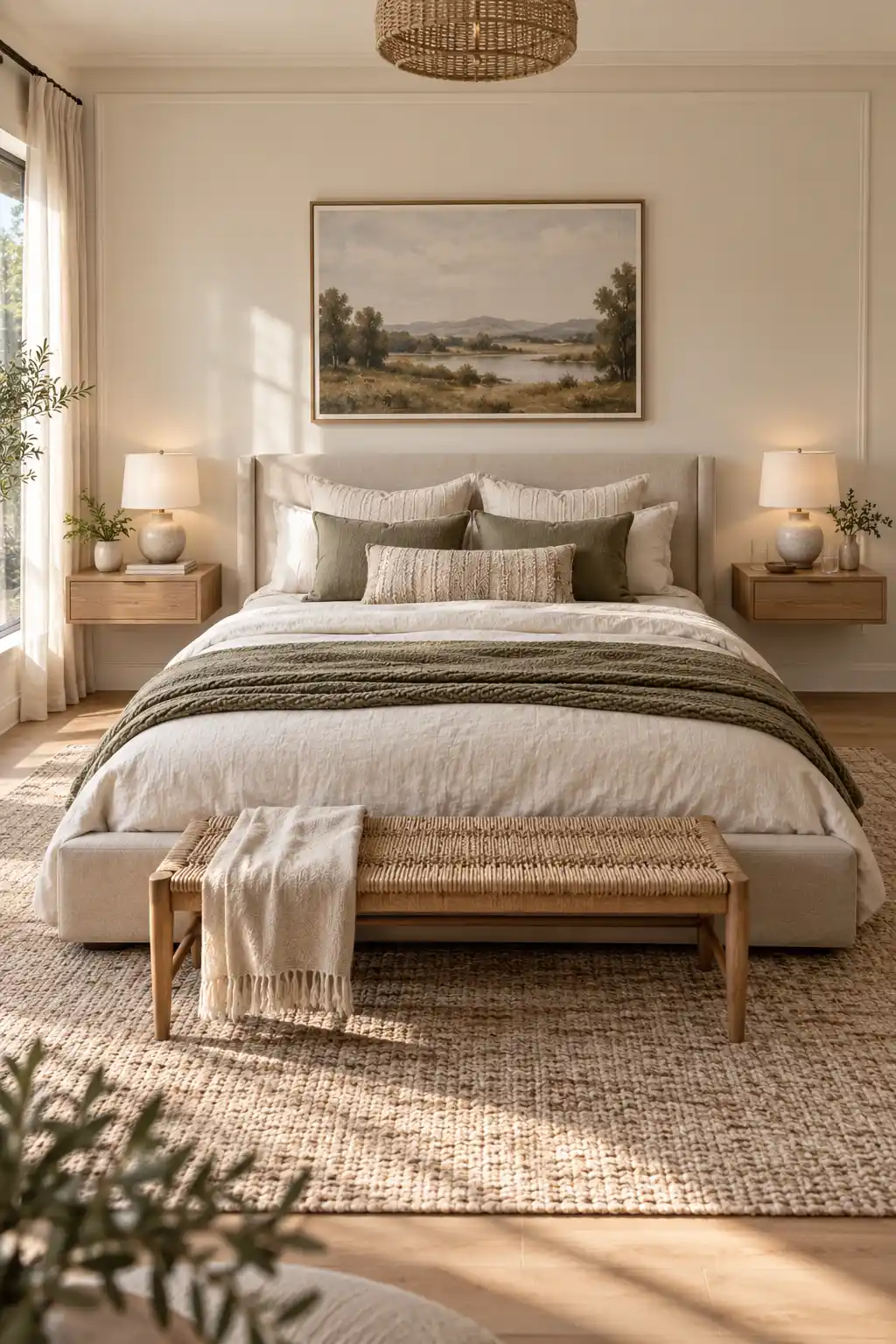 Modern dreamy bedroom with minimalist floating nightstands mounted beside an upholstered bed, leaving the floor open for a light and airy appearance.