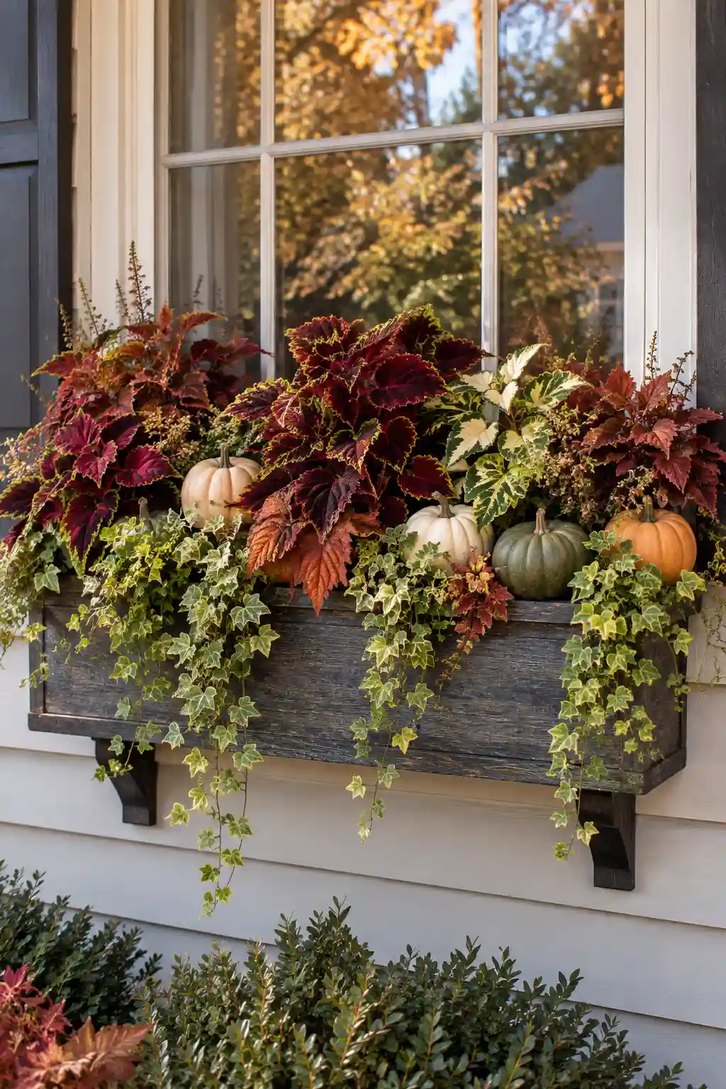 Lush autumn window box overflowing with colorful coleus foliage, trailing greenery, and small pumpkins beneath a porch window.