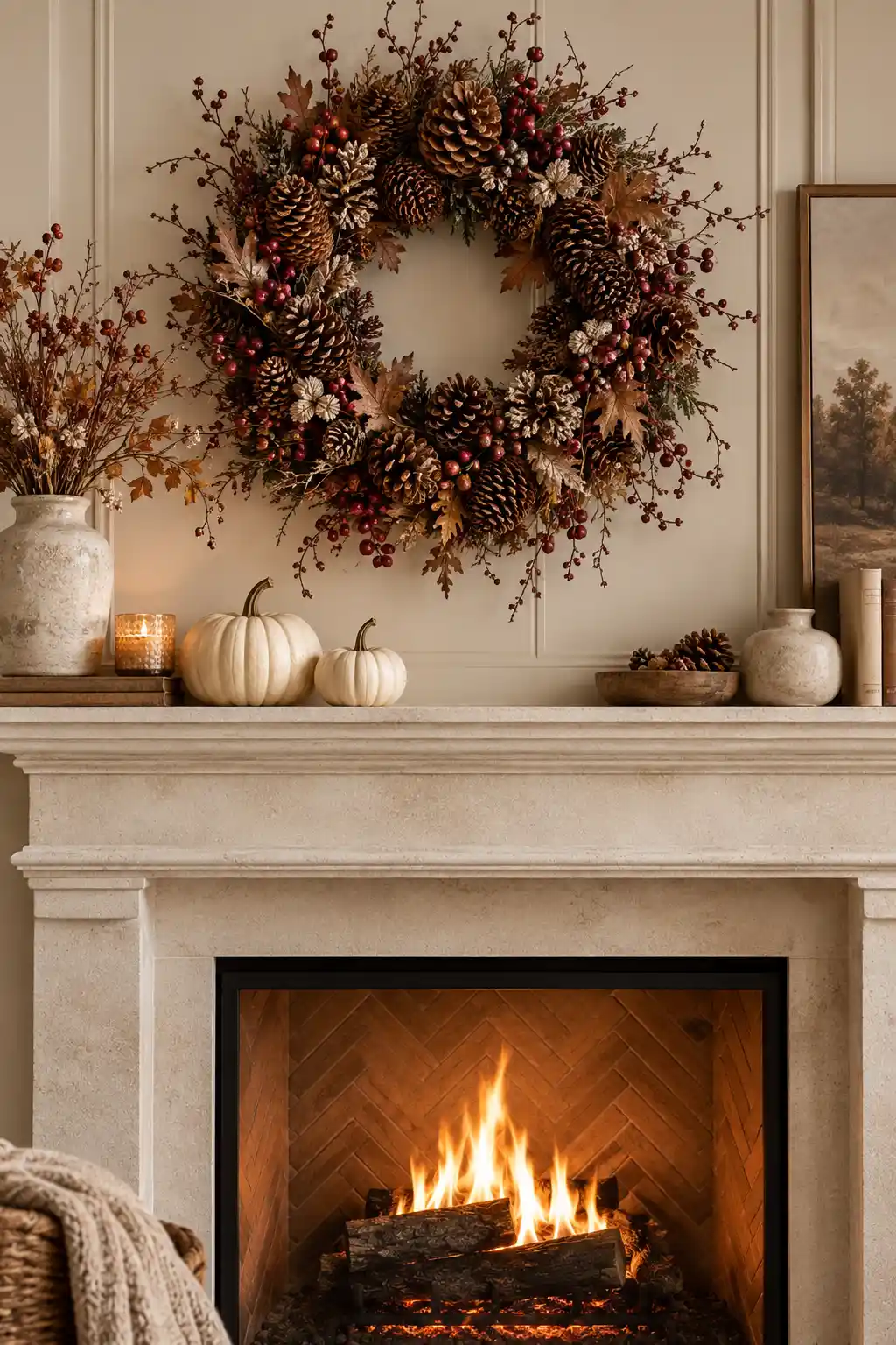 Fall fireplace decorated with a natural pinecone and muted berry wreath above a mantel styled with cream pumpkins, dried foliage, and warm neutral accents.