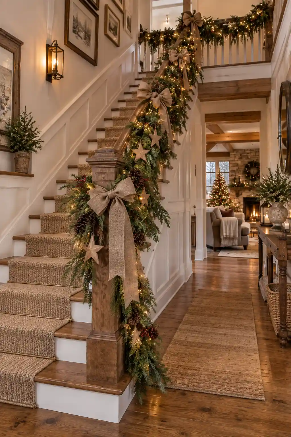 Rustic Christmas staircase decorated with natural pine garland, pinecones, burlap bows, wooden star ornaments, and warm amber lights for a cozy farmhouse holiday look.
