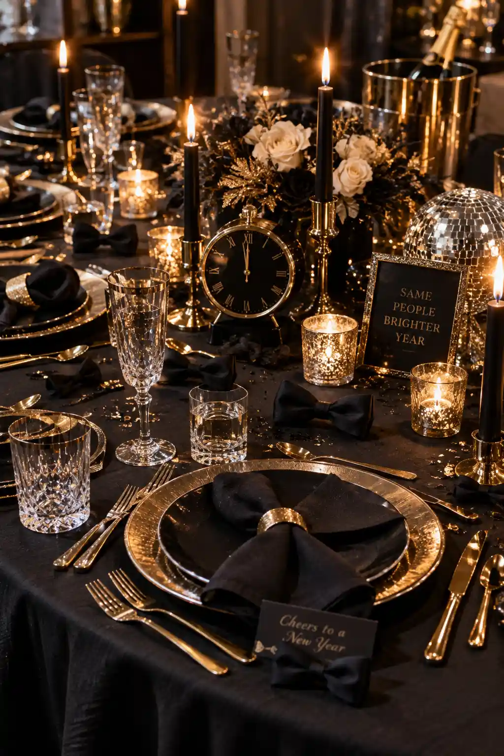 Modern New Year's Eve countdown lounge featuring a glowing neon sign, colorful glow sticks in glass jars, a digital countdown display, and contemporary party accents.