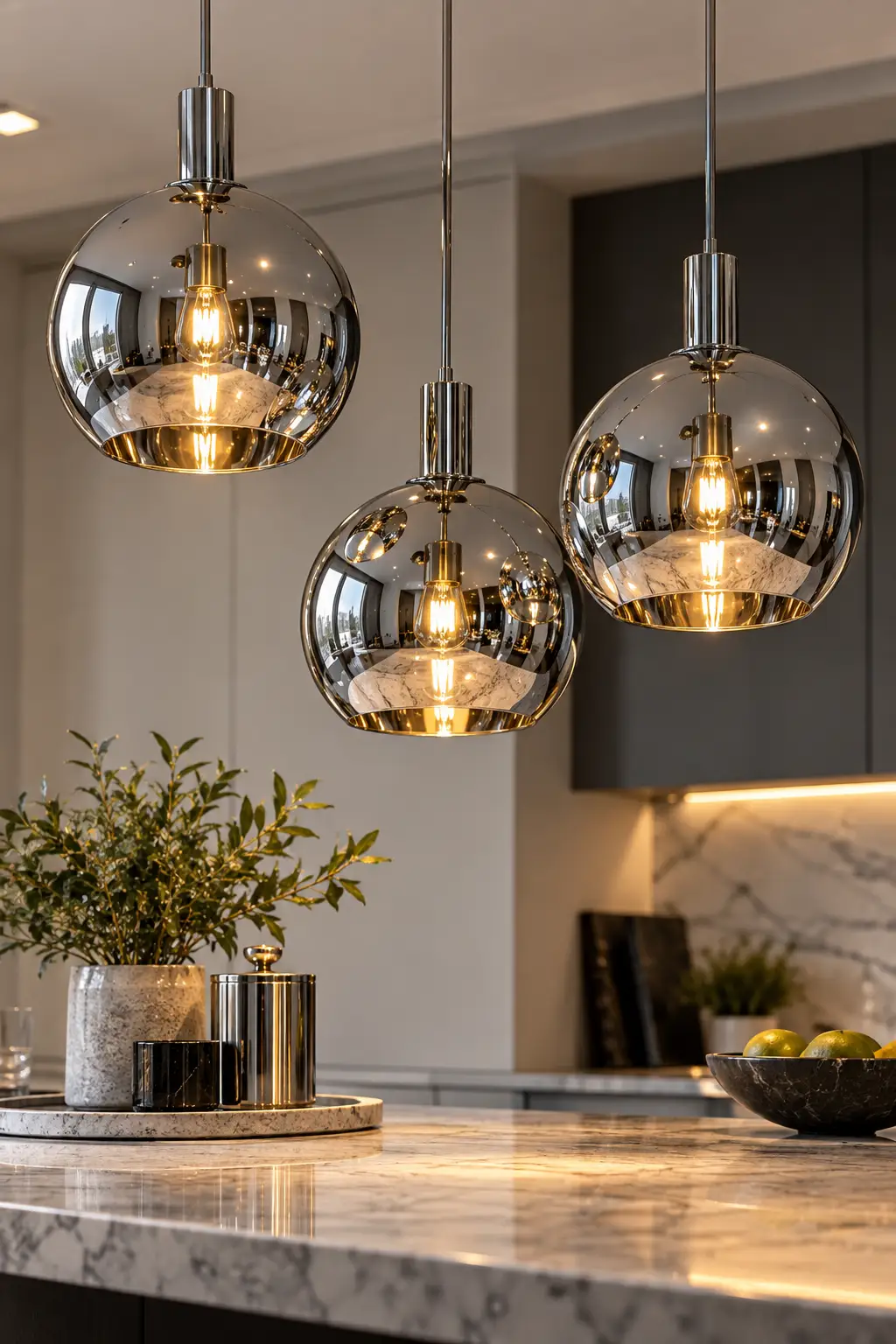 Cluster of polished chrome pendant lights hanging above a contemporary kitchen island, combining sculptural design with warm ambient lighting.