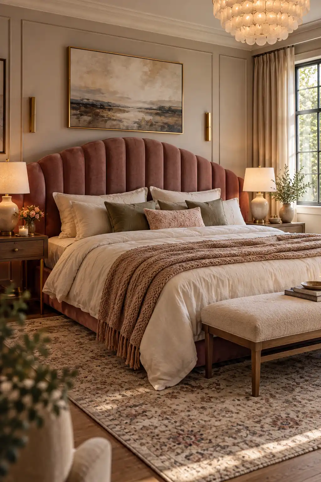 Elegant bedroom with a curved muted velvet upholstered headboard, soft linen bedding, plush pillows, warm wood accents, and a calming neutral color palette.