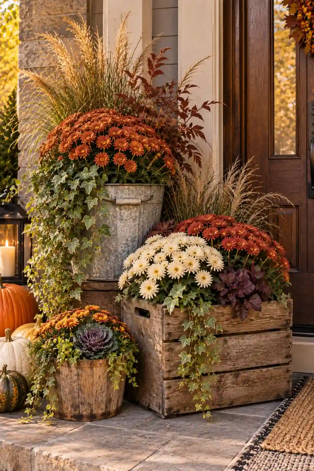 Rustic fall porch arrangement using a weathered wooden crate and galvanized bucket as planters filled with chrysanthemums and autumn foliage.