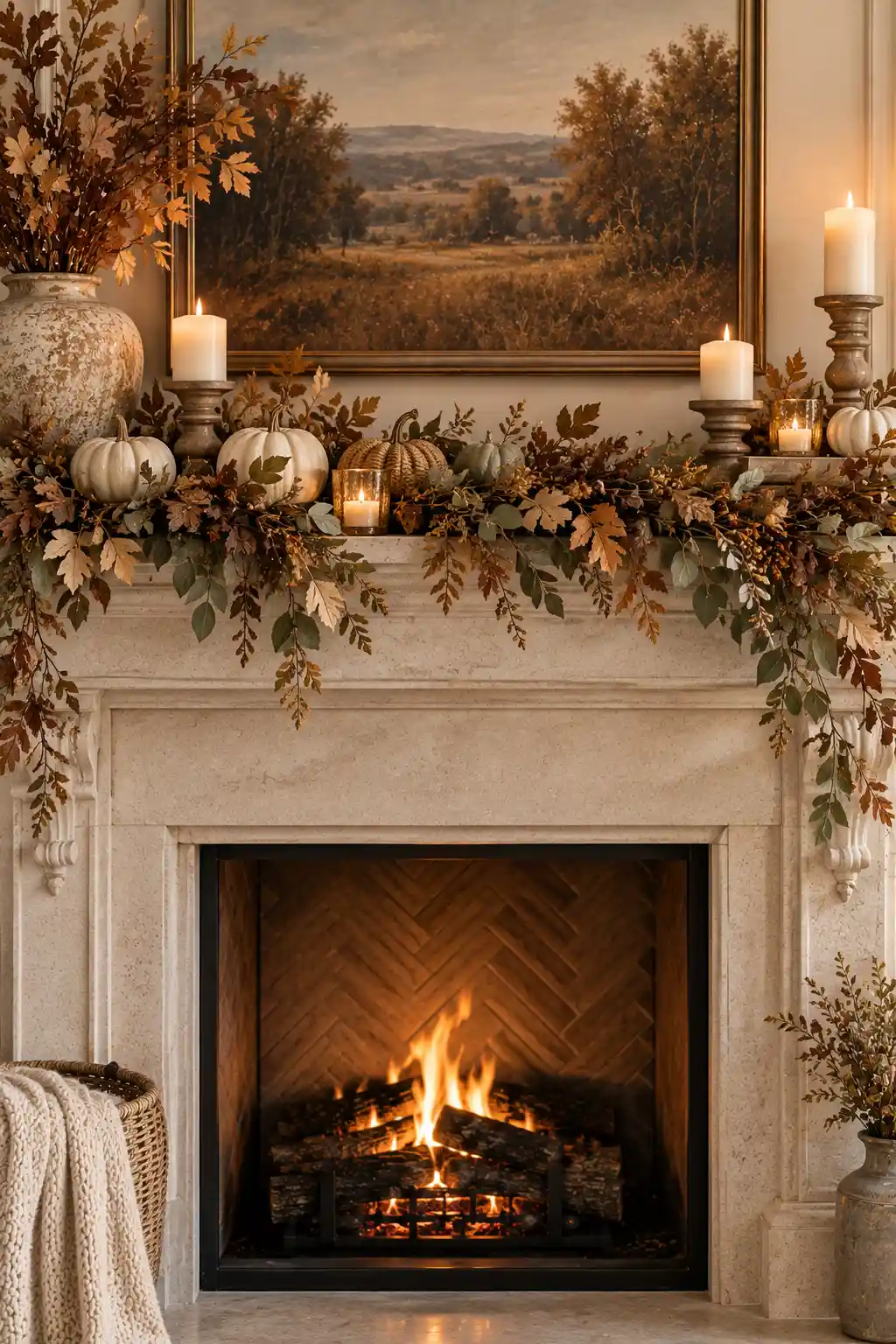 Cozy fall fireplace mantel featuring a layered foliage garland of dried autumn leaves and botanical stems draped naturally along the mantel edge.