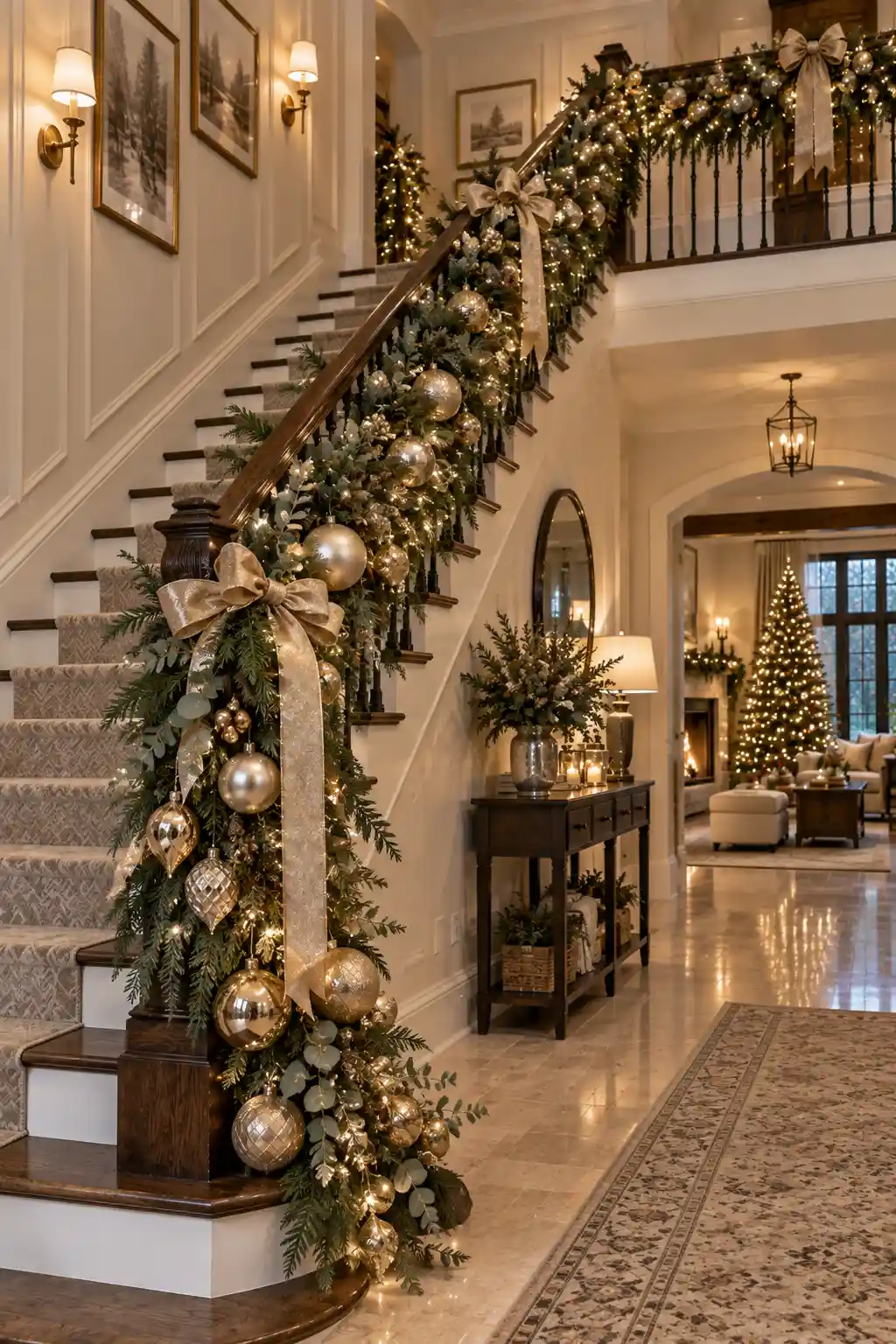 Luxury Christmas staircase decorated with lush pine and eucalyptus greenery, champagne ornaments, shimmering gold ribbon, oversized gold baubles, and warm festive lighting.