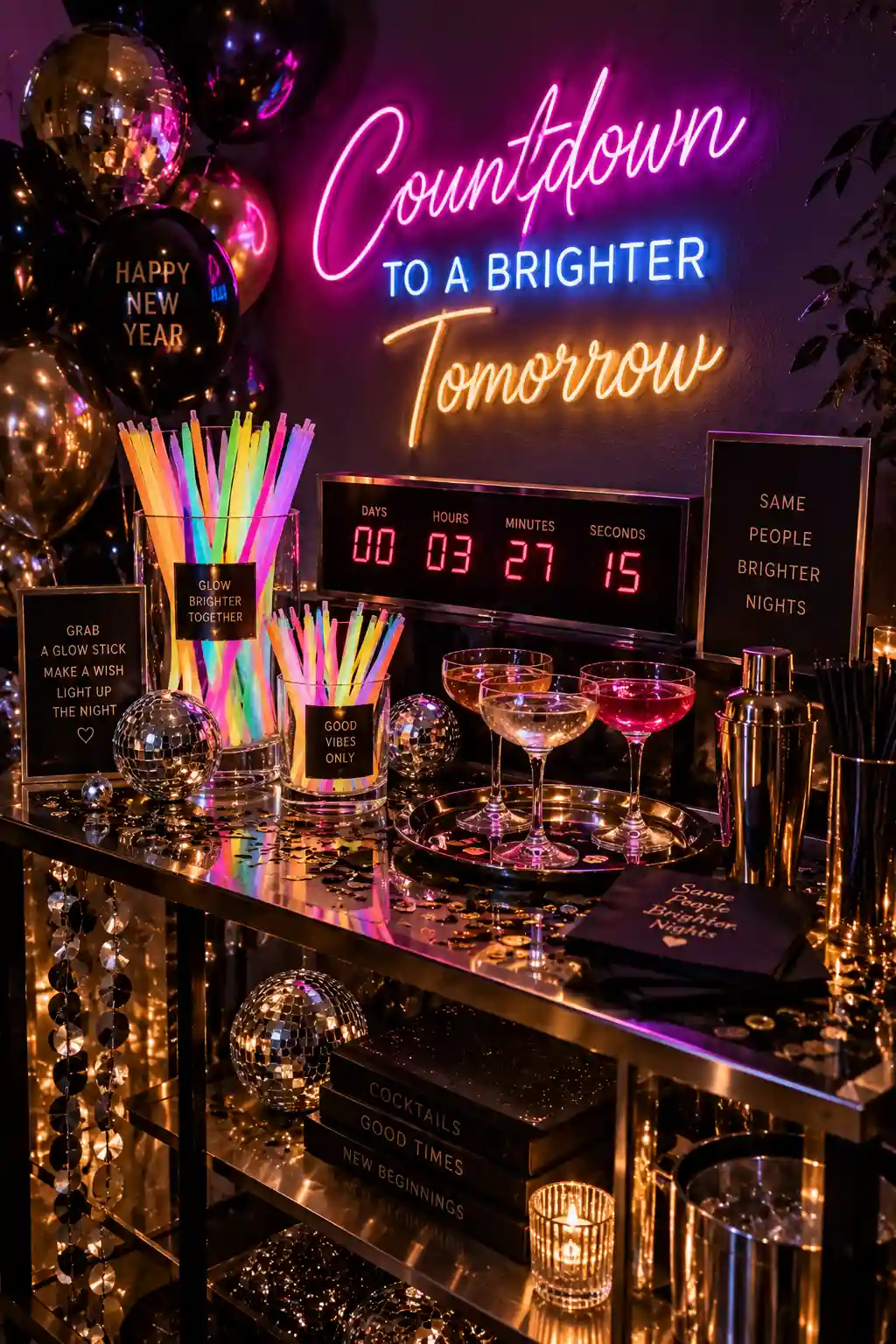 Dreamy New Year's Eve starry night backdrop with a deep navy background, hanging paper stars, constellation lights, crescent moons, and warm glowing decorations.