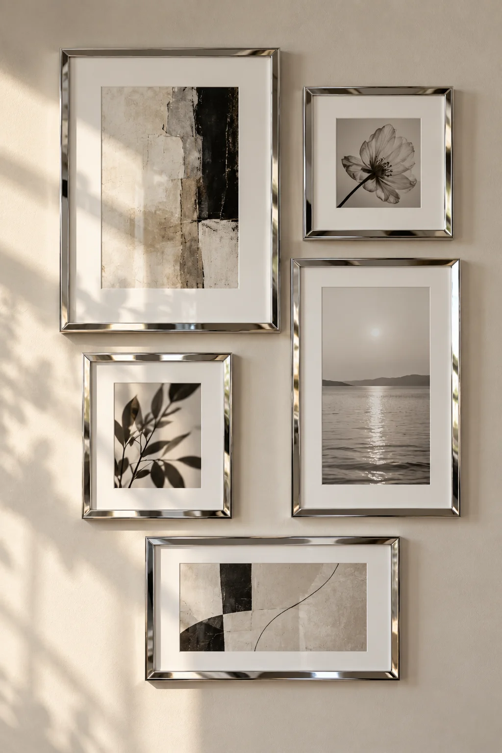 Modern gallery wall featuring sleek chrome picture frames with neutral artwork, creating a cohesive cool-toned and polished decor arrangement.