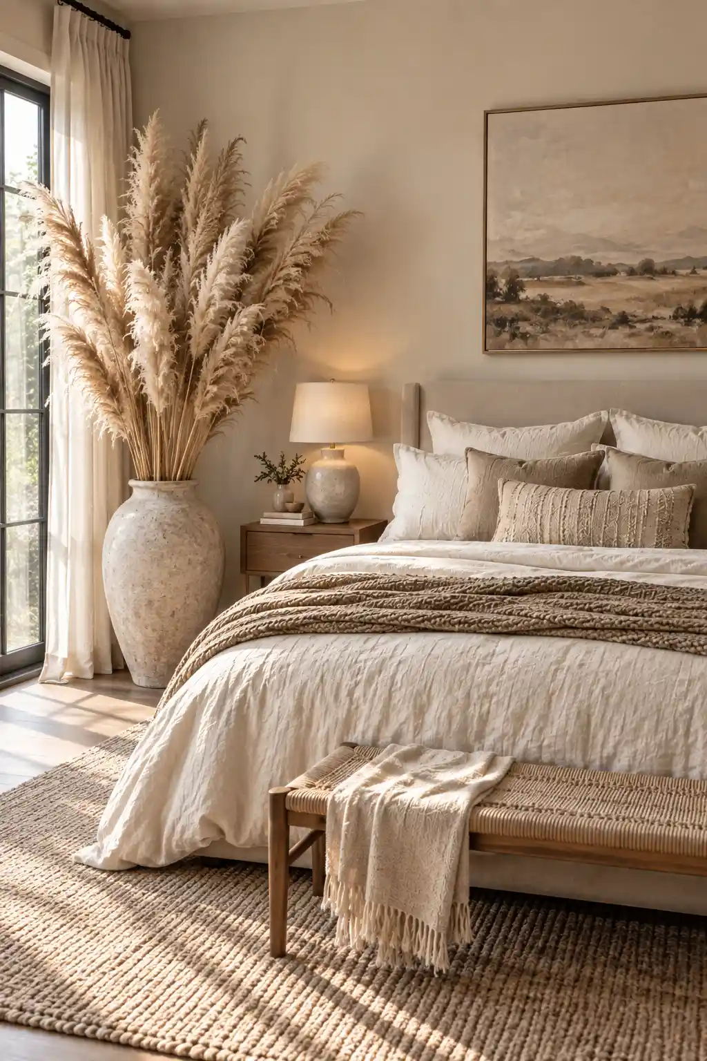 Dreamy bedroom with a tall statement pampas grass arrangement in a neutral floor vase positioned beside a softly styled bed.