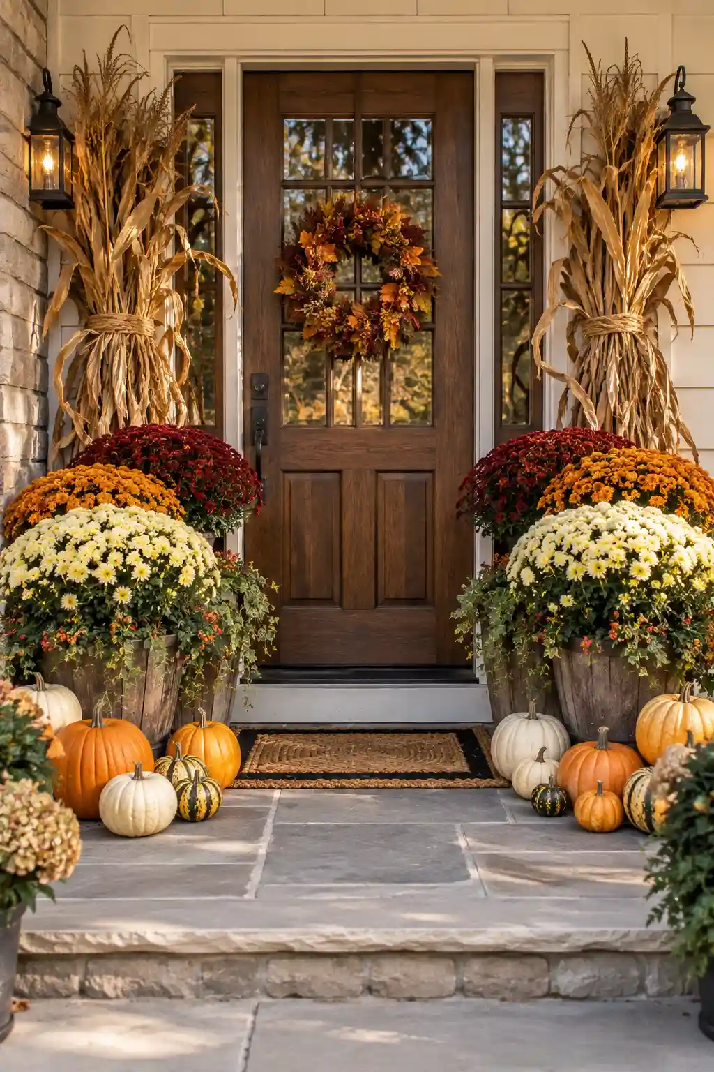 Classic fall front porch decorated with blooming chrysanthemums, pumpkins, gourds, and tall bundles of natural cornstalks.
