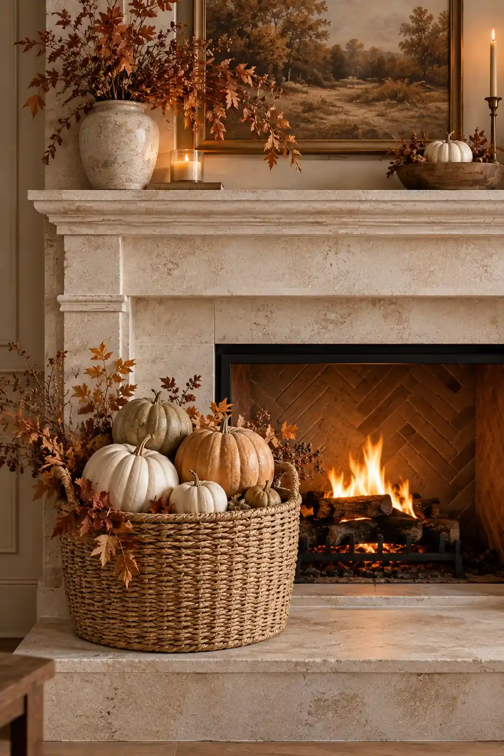Fall fireplace hearth decorated with a natural woven basket filled with stacked cream, beige, brown, and muted terracotta pumpkins and dried autumn foliage.
