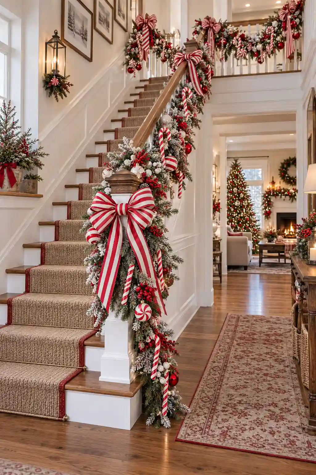 Playful Christmas staircase featuring snowy evergreen garland, red and white striped ribbon, miniature candy canes, peppermint ornaments, and festive red and white decorations.