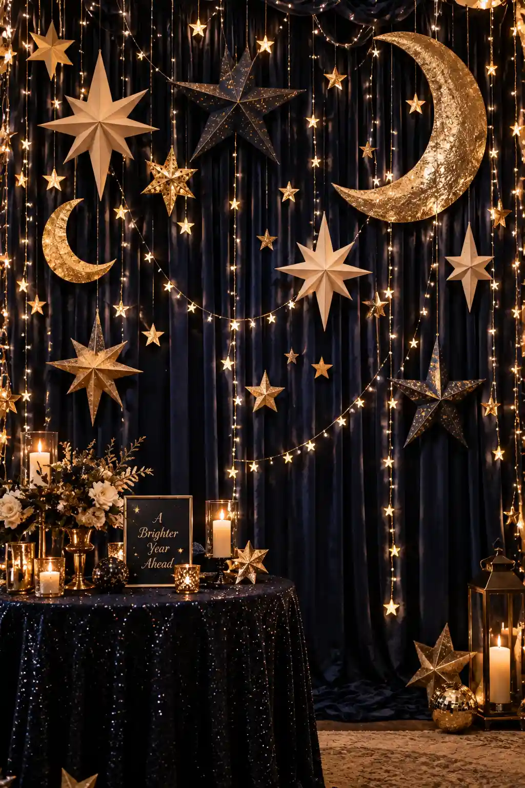 Glamorous New Year's Eve balloon arch made with black, silver, champagne-gold, and confetti-filled balloons illuminated by delicate warm fairy lights.