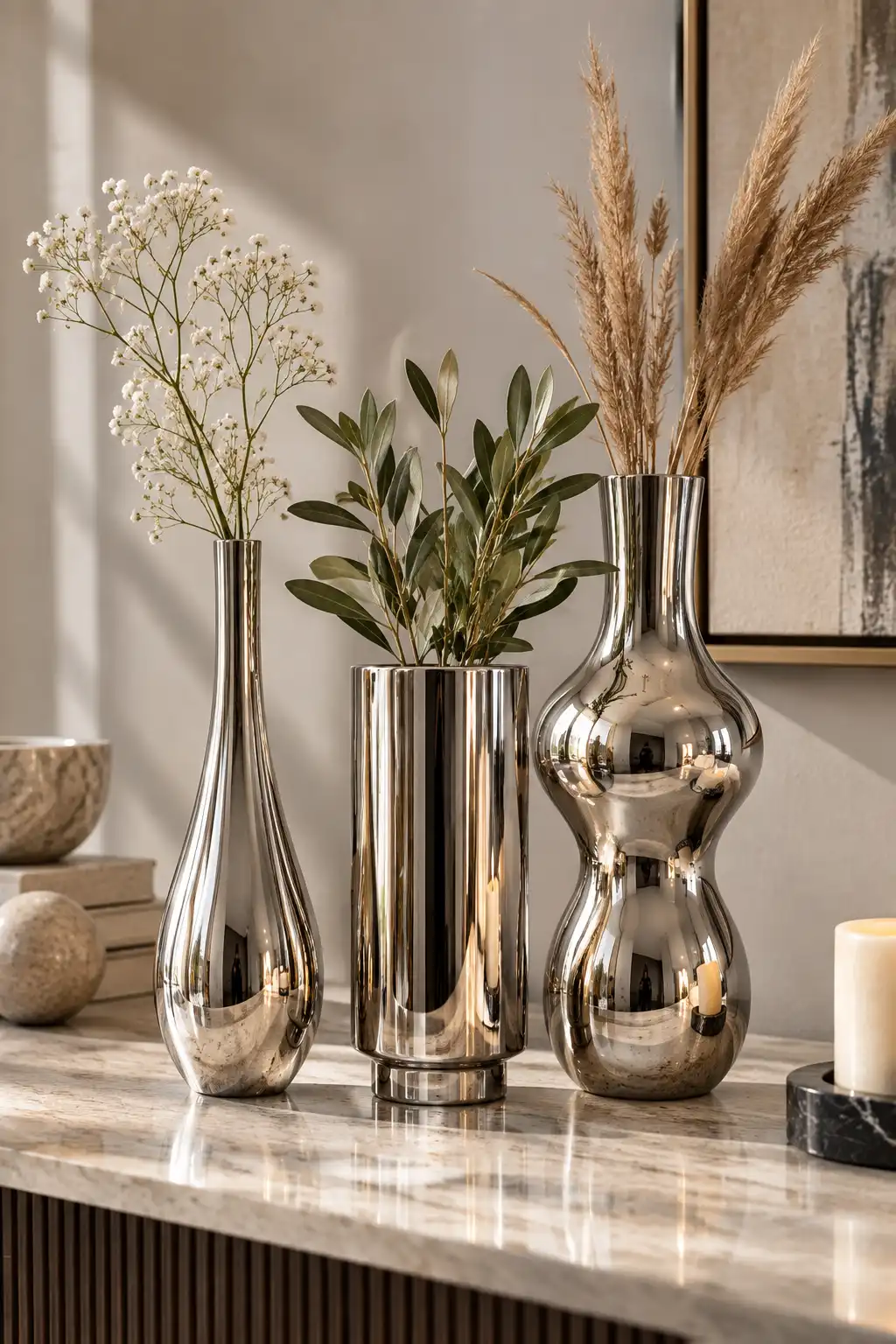 Collection of polished chrome vases in different shapes displayed on a modern console, styled with dried stems and fresh greenery for an elegant metallic accent.
