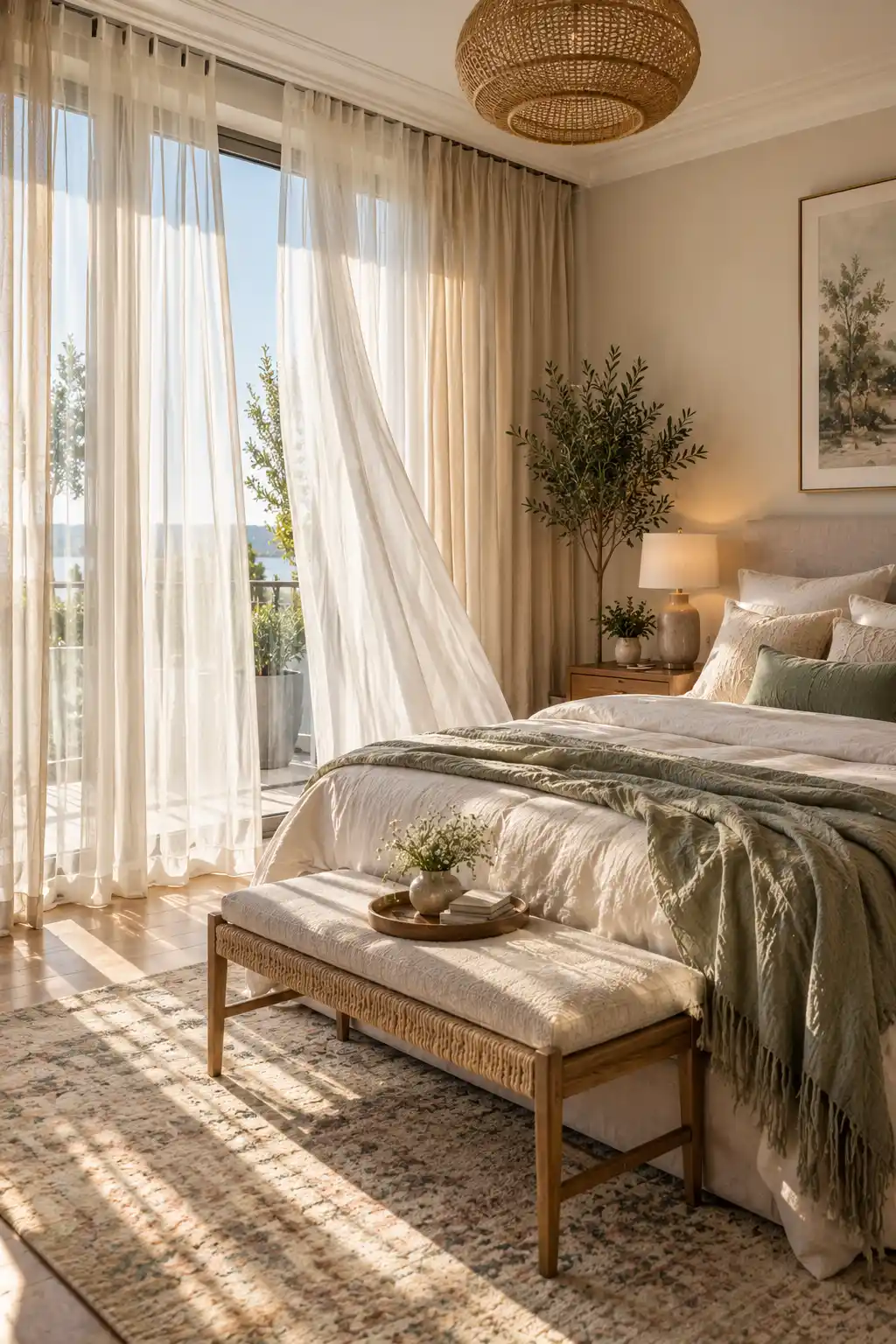 Airy bedroom with layers of full-length sheer ivory curtains softly filtering natural sunlight beside a cozy bed with neutral linen bedding.