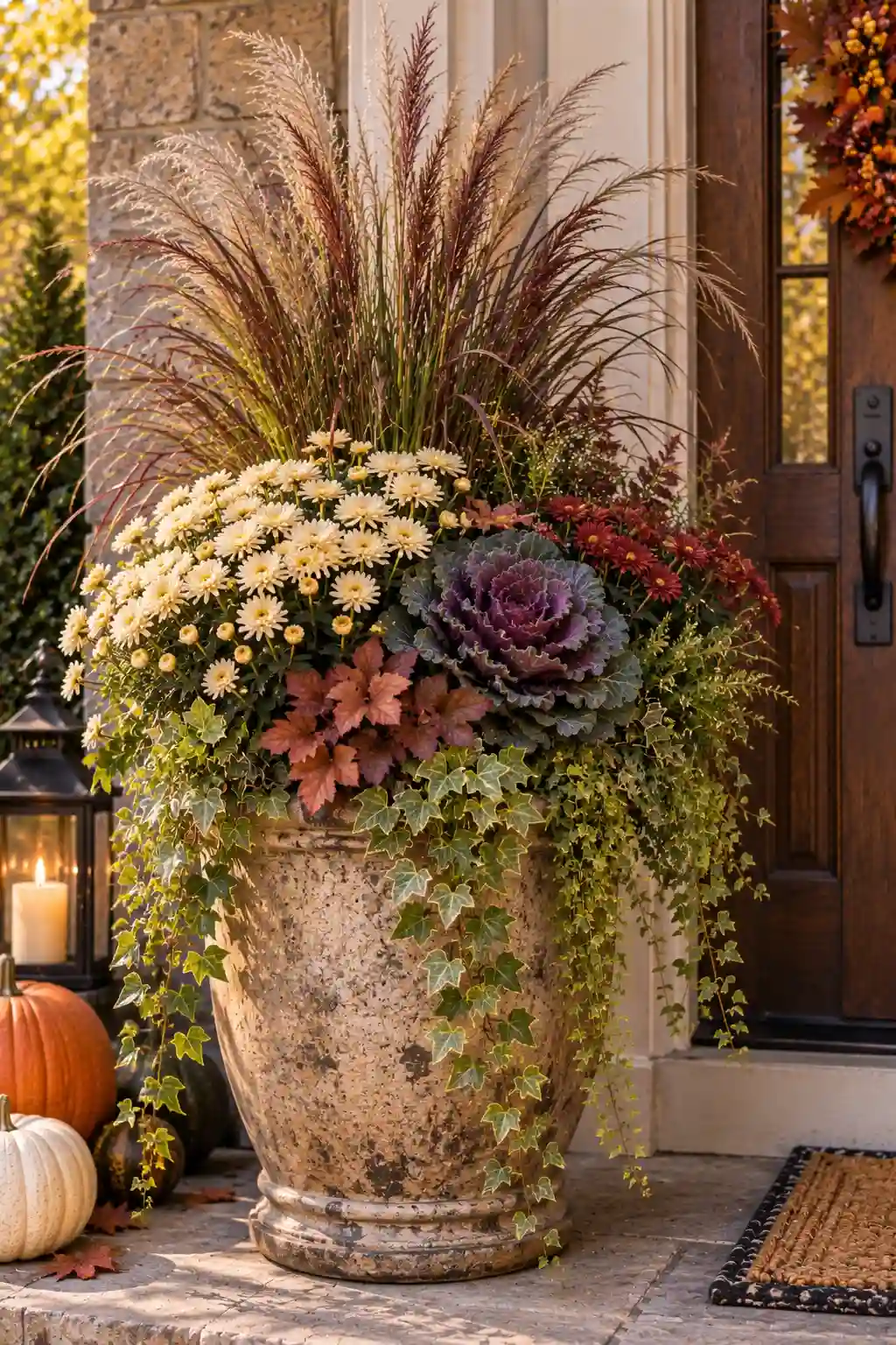 Professional fall container arrangement using tall ornamental grass as a thriller, chrysanthemums and cabbage as fillers, and trailing ivy as a spiller.