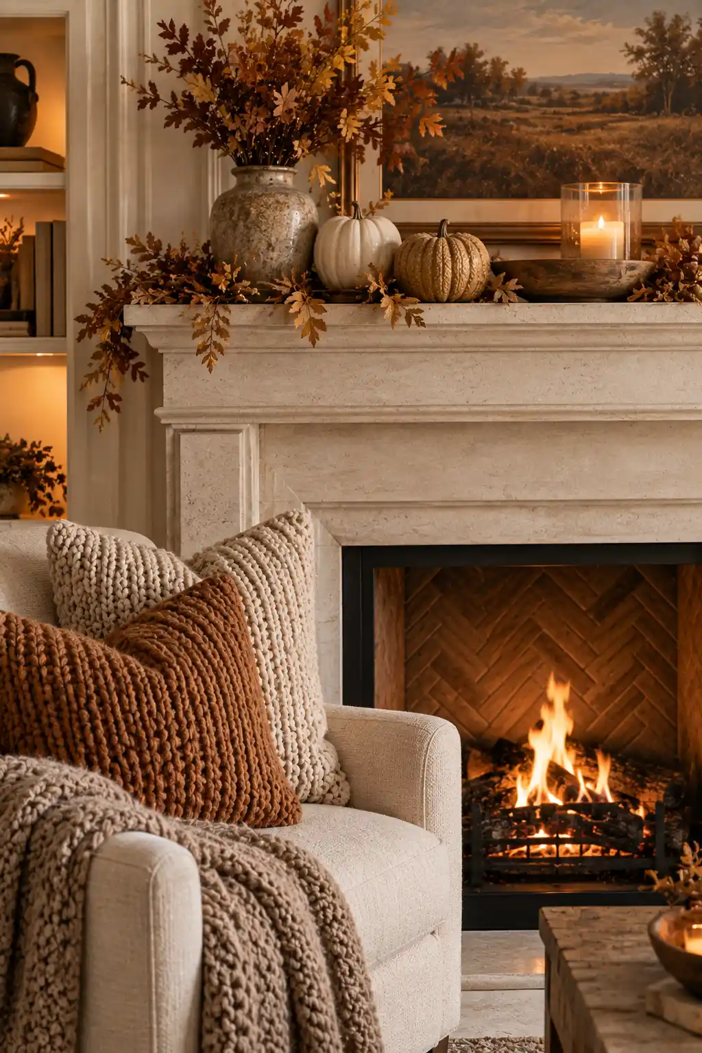 Cozy fall fireplace decorated with neutral mantel accents and chunky knit throw pillows in oatmeal, taupe, caramel, and warm autumn tones on nearby seating.