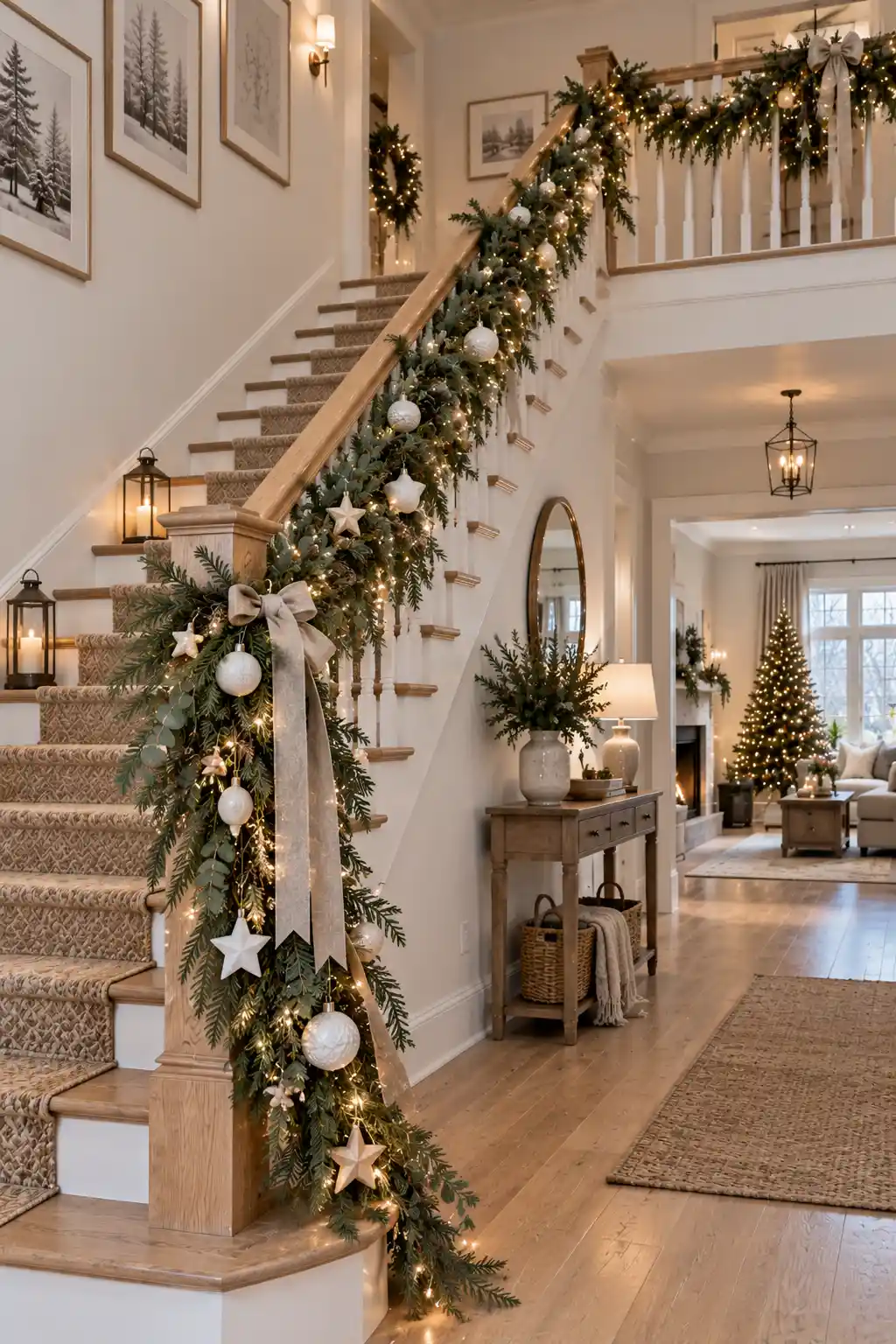 Minimalist Scandinavian Christmas staircase decorated with pale pine branches, white wooden star ornaments, neutral decorations, and warm fairy lights for a calm Nordic holiday look.
