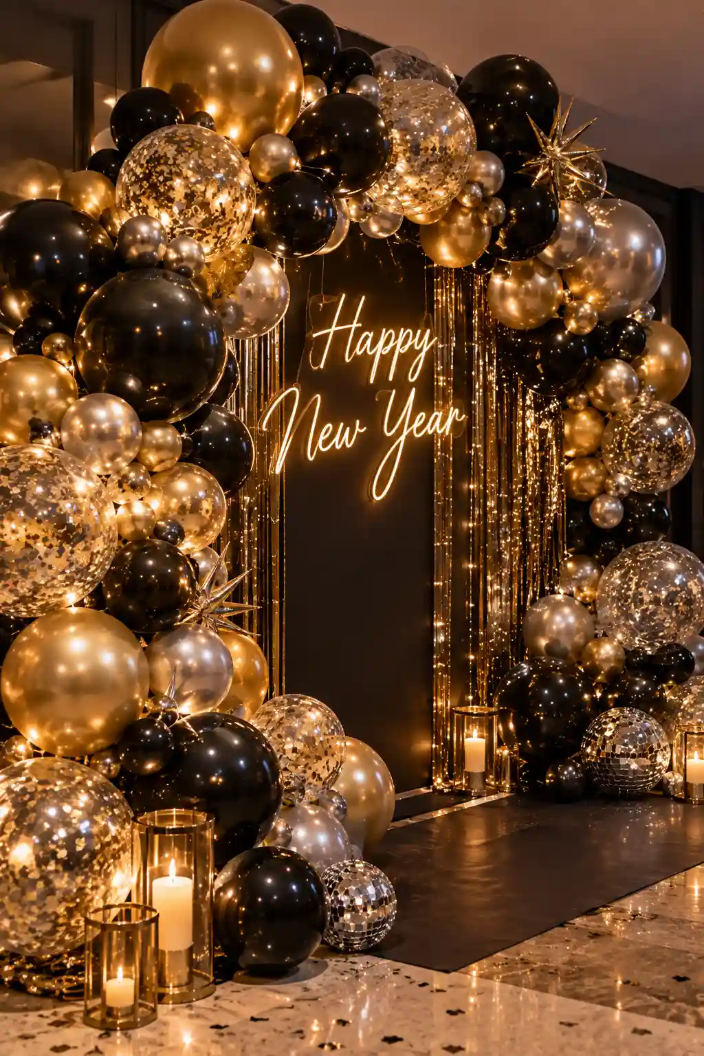 Festive New Year's Eve countdown corner featuring oversized clocks, a metallic fringe backdrop, scattered confetti, and a small table for writing New Year memory cards.