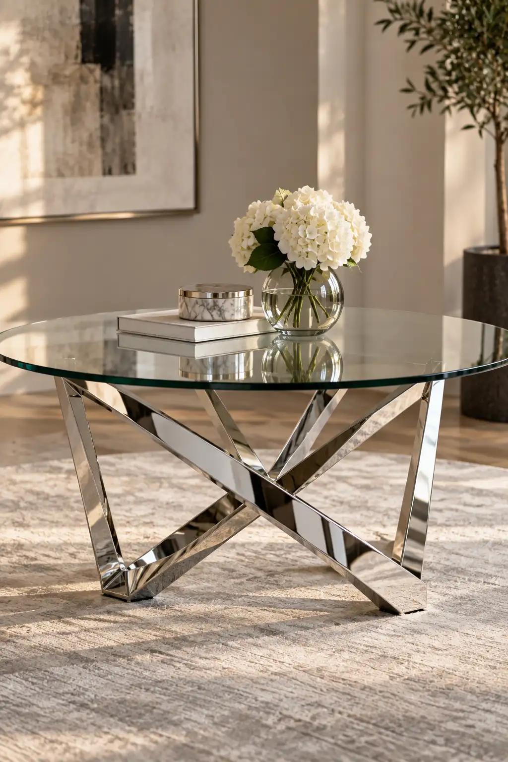 Contemporary glass-top coffee table with a geometric polished chrome base, combining an airy transparent surface with sophisticated metallic detail.