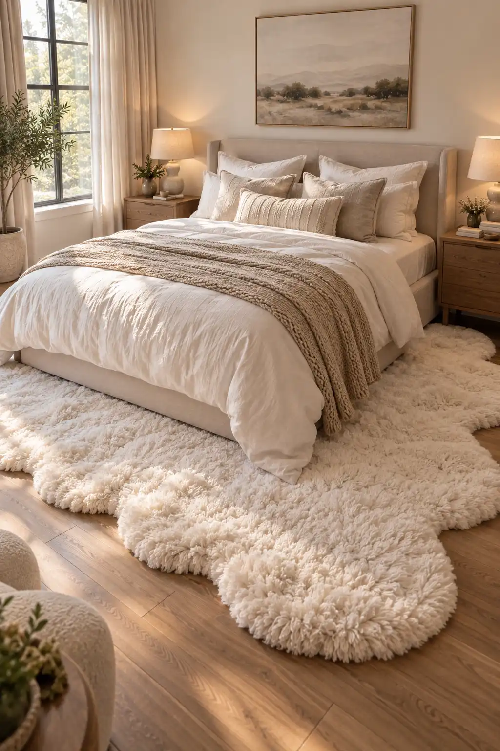 Cozy bedroom with a large plush cloud-shaped ivory rug extending beneath the bed, creating a soft and comfortable step-out-of-bed area.