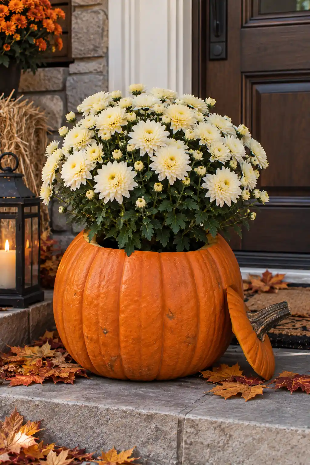 Orange pumpkin used as a fall planter with a full cream chrysanthemum growing from the hollowed pumpkin beside a front door.