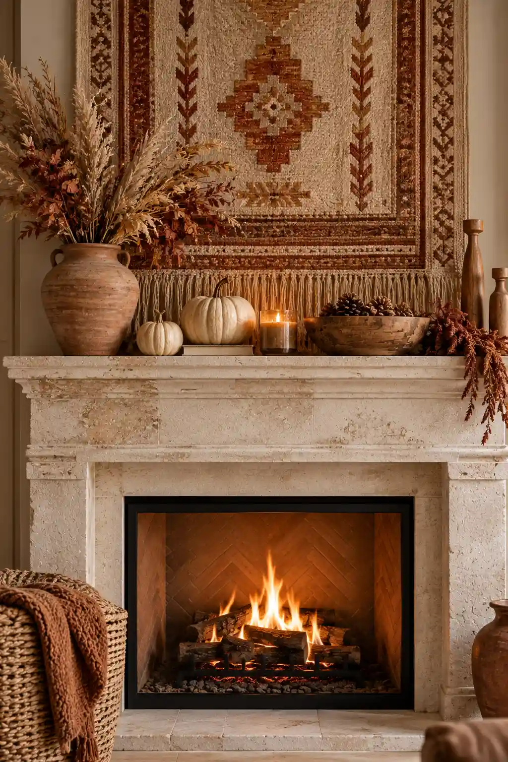Bohemian fall fireplace mantel featuring a textured woven tapestry backdrop with cream pumpkins, dried flowers, ceramic accents, and warm earthy colors.