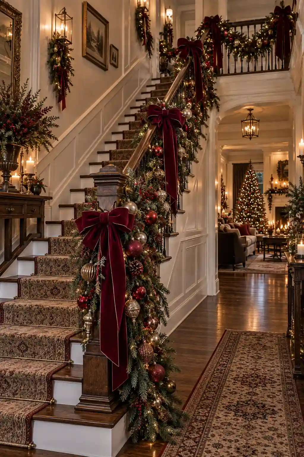 Elegant Christmas staircase decorated with dark evergreen garland, rich burgundy velvet ribbon, generous ribbon loops, antique-style ornaments, and warm golden Christmas lights.