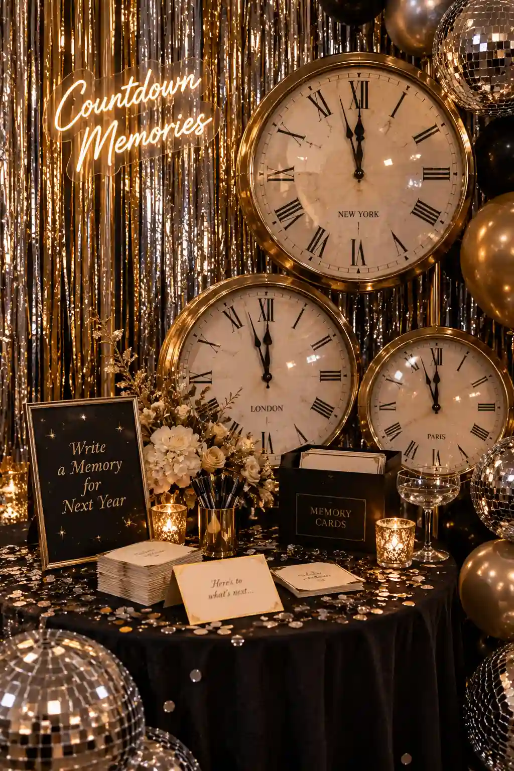 Elegant New Year's Eve champagne tower arranged with tiered coupe glasses on a mirrored tray, surrounded by warm fairy lights and sophisticated celebration decorations.