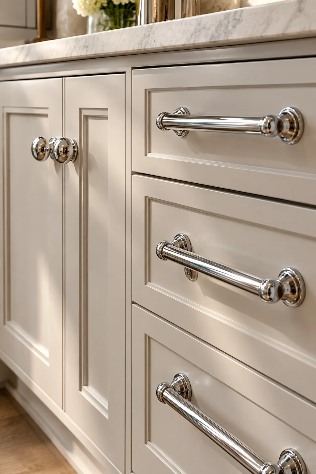 Sleek polished chrome drawer pulls and cabinet knobs installed on contemporary neutral cabinetry, providing a simple metallic upgrade with a clean modern finish.
